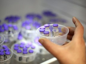 A nurse takes vials of Comirnaty vaccine by Pfizer-BioNTech against COVID-19 out of a fridge at the Baleone vaccine centre in Ajaccio on the French Mediterranean island of Corsica, on May 13, 2021.