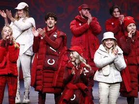 TORONTO, ON - OCTOBER 26:  Team Canada athletes model the new Team Canada x lululemon Athlete Kit during the Team Canada x lululemon Athlete Kit reveal on October 26, 2021 in Toronto, Ontario, Canada. The reveal included official gear to be worn at the Opening Ceremony, Closing Ceremony, on the podium, for media interviews, and around the village at the upcoming Olympic and Paralympic Winter Games.