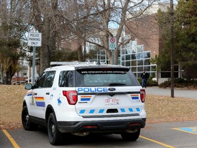 An RCMP vehicle parked outside Bellerose Composite High School, 49 Giroux Rd. in St. Albert on Tuesday, Nov. 9, 2021.