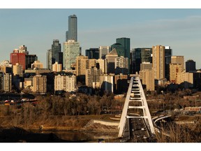 Downtown Edmonton is seen from the newly opened Duggan Bridge on Saskatchewan Drive as the sun sets on Wednesday, Nov. 10, 2021. Photo by Ian Kucerak