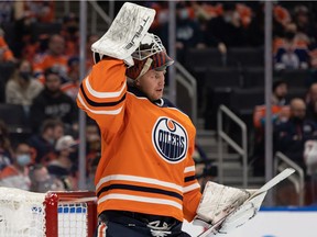 Edmonton Oilers' goaltender Mikko Koskinen (19) is seen as the team plays the Nashville Predators during second period NHL action at Rogers Place in Edmonton, on Wednesday, Nov. 3, 2021. Photo by Ian Kucerak