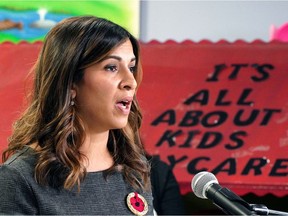 Rakhi Pancholi, Alberta NDP critic for children's services, speaks out about the Alberta UCP government's delay on signing a $10/day child care deal with the federal government at It's All About Kids Daycare in Edmonton on Monday, Nov. 8, 2021.