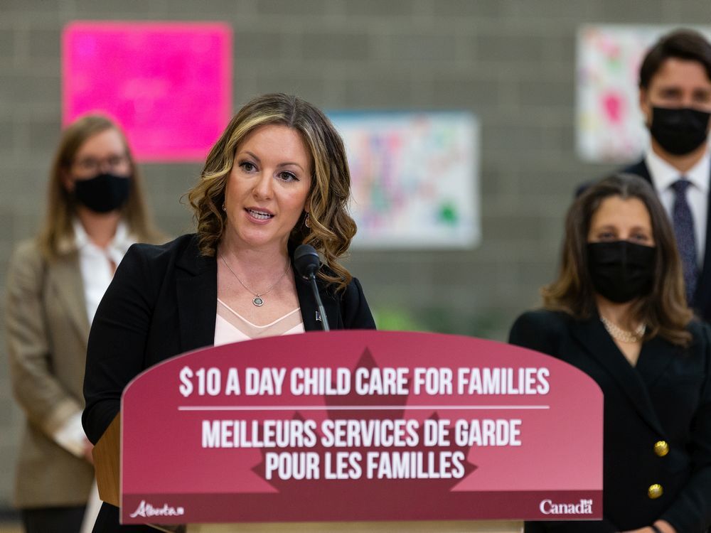  Alberta Children’s Services Minister Rebecca Schulz speaks during a joint federal-provincial announcement of $10-a-day daycare at Boyle Street Plaza in Edmonton on Nov. 15, 2021.