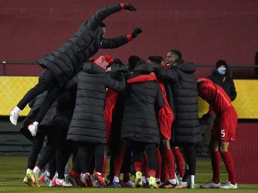 Team Canada celebrates after scoring the only goal of the game against Team Costa Rica during a FIFA 2022 World Cup qualifier soccer match held at Commonwealth Stadium in Edmonton, Canada on Friday November 12, 2021. Team Canada won the game 1-0. (PHOTO BY LARRY WONG/POSTMEDIA)