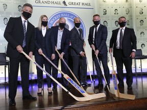 This year's six Hockey Hall of Fame inductees received their rings at a ceremony at the Hockey Hall Grand Hall and in Toronto (Pictured, L-R) Players Doug Wilson, Kim St-Pierre - Team Canada, Kevin Lowe, Jarome Iginla, Marian Hossa and Ken Holland for the Builders Category on Friday November 12, 2021.