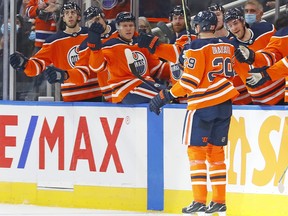 Edmonton Oilers forward Leon Draisaitl (29) celebrates a first-period goal against the Seattle Kraken at Rogers Place in Edmonton on Nov. 1, 2021.