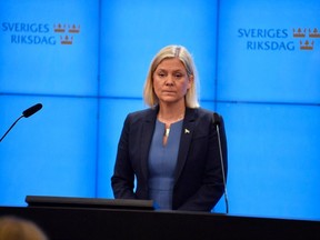 Sweden's Prime Minister-elect Magdalena Andersson addresses a press conference after the budget vote in the Swedish parliament on November 24, 2021.