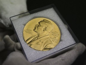 An Nobel prize medal is seen at the Science and Tech museum in Ottawa July 20, 2011.