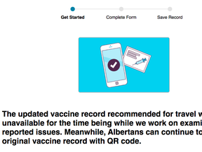 Alberta Health has temporarily de-activated its updated COVID-19 vaccine QR codes website after 12 people reported receiving the health records of different people when attempting to download their own information. Screenshot, Alberta Health website.