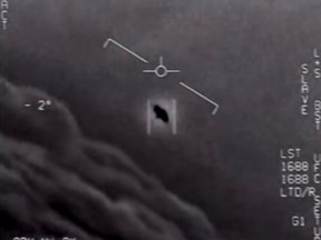This file video grab image obtained April 26, 2020 courtesy of the US Department of Defense shows part of an unclassified video taken by Navy pilots that have circulated for years showing interactions with "unidentified aerial phenomena".