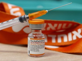 A vial of the Pfizer/BioNTech COVID-19 vaccine for children is pictured at the Meuhedet Healthcare Services Organisation in Tel Aviv on Nov. 22, 2021, as Israel begins coronavirus vaccination campaign for 5 to 11-year-olds.