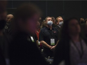 Participants attend the opening day of the Alberta Urban Municipalities Association's convention and trade show at the Edmonton Convention Centre on Wednesday, Nov. 17, 2021, where the organization's interim president and Alberta Beach deputy mayor Angela Duncan announced it has changed its name to Alberta Municipalities.