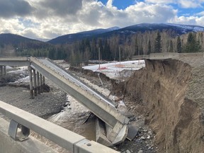 The damaged Coquihalla Highway 5 after mudslides near Coldwater River Provincial Park in British Columbia.