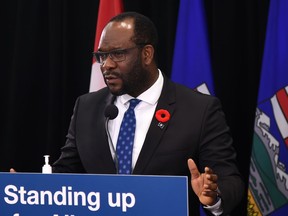 Minister of Justice and Solicitor General Kaycee Madu provides details about Bill 81, the Election Statutes Amendment Act during a news conference in Edmonton, November 4, 2021.