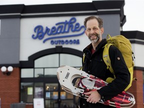 Breathe Outdoors' James Schutz poses for a photo outside the Breathe Outdoors 3235 Calgary Trail location, in Edmonton Wednesday Nov. 17, 2021. Known since 1963 as Campers Village, the local outdoor recreation equipment store officially changed its name to Breathe Outdoors on Monday, Nov. 15 to reflect the mental and physical benefits of adventures outdoors beyond just camping. Photo by David Bloom