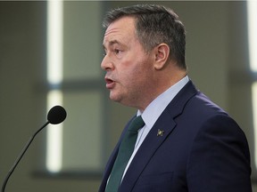 Premier Jason Kenney provides an update on the Alberta's response to COVID-19 and the new Omicron variant during a news conference in Edmonton on Monday Nov. 29, 2021.
