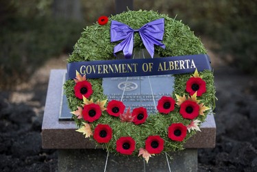 A wreath marks Indigenous Veterans Day at the Aboriginal Veterans Memorial on the Alberta Legislature grounds in Edmonton, Monday Nov. 8, 2021.