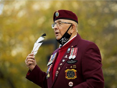 Indigenous veteran Walter (Wally) Sinclair takes part in the Indigenous Veterans Day ceremony at the Alberta Legislature in Edmonton, Monday Nov. 8, 2021.