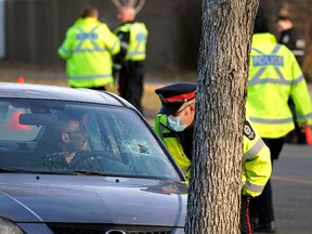Police speak with a driver of a car near 176 Avenue and 96 Street on Thursday, Nov. 4, 2021. A girl was struck by a vehicle as she was crossing the street and taken to hospital with serious, non-life-threatening injuries.