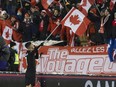 Team Canada's celebrates after defeating Team Mexico 2-1 at the FIFA 2022 World Cup qualifier soccer match held at Commonwealth Stadium on Tuesday, Nov. 16, 2021 in Edmonton.