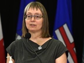 Alberta’s chief medical officer of health Dr. Deena Hinshaw provided an update on COVID-19 during a news conference in Edmonton, November 23, 2021.