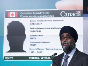 Defence Minister Harjit Sajjan, holds a press conference at National Defence Headquarters in Ottawa on Tuesday, Sept. 11, 2018., to announce new veteran IDs.