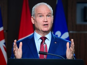 Conservative leader Erin O’Toole holds a press conference on Parliament Hill in Ottawa on Tuesday, April 6, 2020