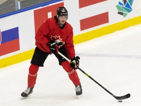 Owen Power skates during a Team Canada practice ahead of the 2022 IIHF World Junior Championship at the Downtown Community Arena at Rogers Place in Edmonton, on Wednesday, Dec. 22, 2021.