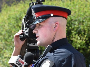 Const. Hunter Robinz speaks during a 2016 media availability on that summer's Pokémon Go craze. Robinz was convicted on Aug. 5, 2022, of careless storage of a firearm and acquitted of assault.