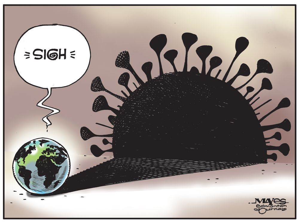  Weary globe lives with the long shadow of Covid. (Cartoon by Malcolm Mayes)