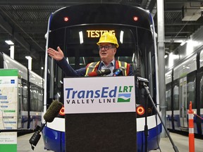 TransEd CEO Ronald Joncas speaks on Thursday, Dec. 2, 2021, at the Gerry Wright Operations and Maintenance Facility that houses 26 trains for the southeast leg of the Valley Line LRT.