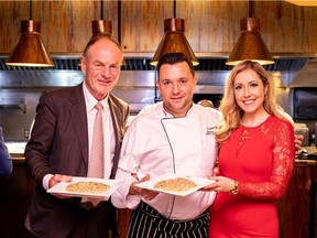 Sorrentino's Downtown chef Alberto Alboreggia, centre, with truffle dinner guests long-time La Ronde restaurant maitre d' Hans Voegli and Lisa MacGregor from Global News.  The annual dinner, cancelled for two years because of COVID-19, was a "notable success" this year and enjoyed by about 90 guests , said host Carmelo Rago Jr., whose parents Carmelo and Stella Rago founded the Sorrentino's group of restaurants.
