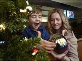 Leanne Foff and her son Connor, 5 at Robertson-Wesley United Church in Edmonton, Dec. 16, 2021.