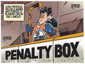 Covid protocol puts Edmonton Oilers in penalty box. (Cartoon by Malcolm Mayes)