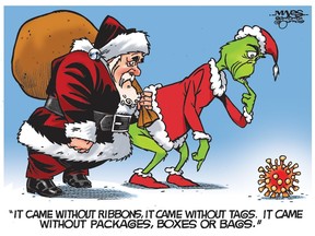 Santa Claus and the Grinch puzzle over recently-arrived Covid variant. (Cartoon by Malcolm Mayes)