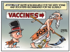 2022 New Years baby and 2021 old man get their vaccines. (Cartoon by Malcolm Mayes_