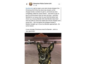 A December 2021 post from the Edmonton Police Canine Unit regarding the Christmas Eve arrest of a naked man inside a Home Depot. Screenshot by Batul Gulamhusein.