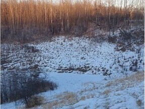 The hill and frozen body of water where Patricia Nunn, her daughter and granddaughter crashed on the night of Nov. 26, 2021. Their car sank in the water after a few minutes.Supplied photo