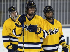 University of Michigan's Kent Johnson, from left, Owen Power and Matty Beniers watch during an NCAA college hockey practice in Ann Arbor, Mich., Wednesday, Sept. 22, 2021.