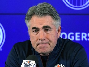 Edmonton Oilers head coach Dave Tippett answers questions from the media after team practice in Edmonton on Friday December 10, 2021. The Oilers have lost the last four games that they have played.
