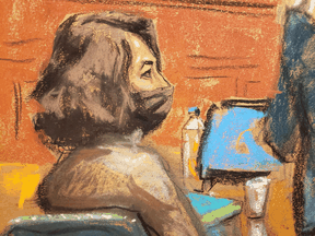 Ghislaine Maxwell listens as witness Annie Farmer is questioned by defense attorney Laura Menninger during the trial of Ghislaine Maxwell, the Jeffrey Epstein associate accused of sex trafficking, in a courtroom sketch in New York City, December 10, 2021.