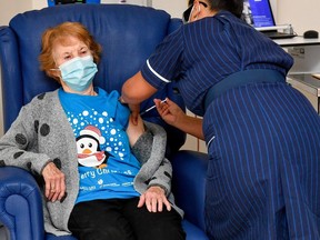 Margaret Keenan, at age 90, was the first patient in the world to receive the Pfizer/BioNtech COVID-19 vaccine, in Coventry, Britain December 8, 2020.