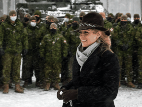 Foreign Minister Mélanie Joly leaves after meeting with Canadian soldiers at a base in Adazi, Latvia, on November 29, 2021.