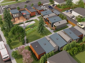 A design for a tiny home village for veterans experiencing homelessness in Calgary. Non-profit Homes for Heroes built a similar project in north Edmonton.