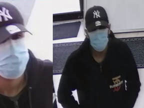 Police say a suspect  in two south Edmonton pharmacy robberies was wearing a black Burberry hoodie, blue surgical mask, black and white Under Armour shoes, and a black New York Yankees baseball cap with a white emblem.