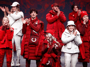 Athletes model lululemon athletica's new Team Canada uniforms for the Beijing 2022 Winter Olympics in Toronto on October 26, 2021.