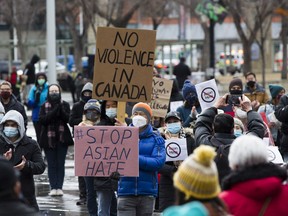 People take part in the bridges against hate march to support BIPOC communities against racism and violence. Sat. March 27, 2021, in Edmonton.