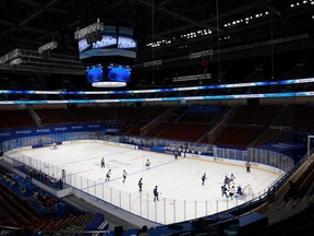 A general view ice hockey test event match between team BAF and team BSG at the Wukesong Sports Center on November 8, 2021 in Beijing, China. The championship is part of Experience Beijing test events, held in preparation of the upcoming Beijing 2022 Winter Olympics.
