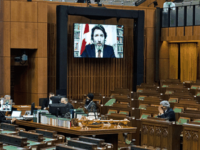 Prime Minister Justin Trudeau speaks via videoconference during question period in the House of Commons on Jan. 25, 2021.