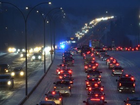 Another bad day for afternoon traffic rush hour at the Rainbow Valley Bridge on the Whitemud Dr. with collisions in multiple locations in Edmonton, December 16, 2021. Ed Kaiser/Postmedia